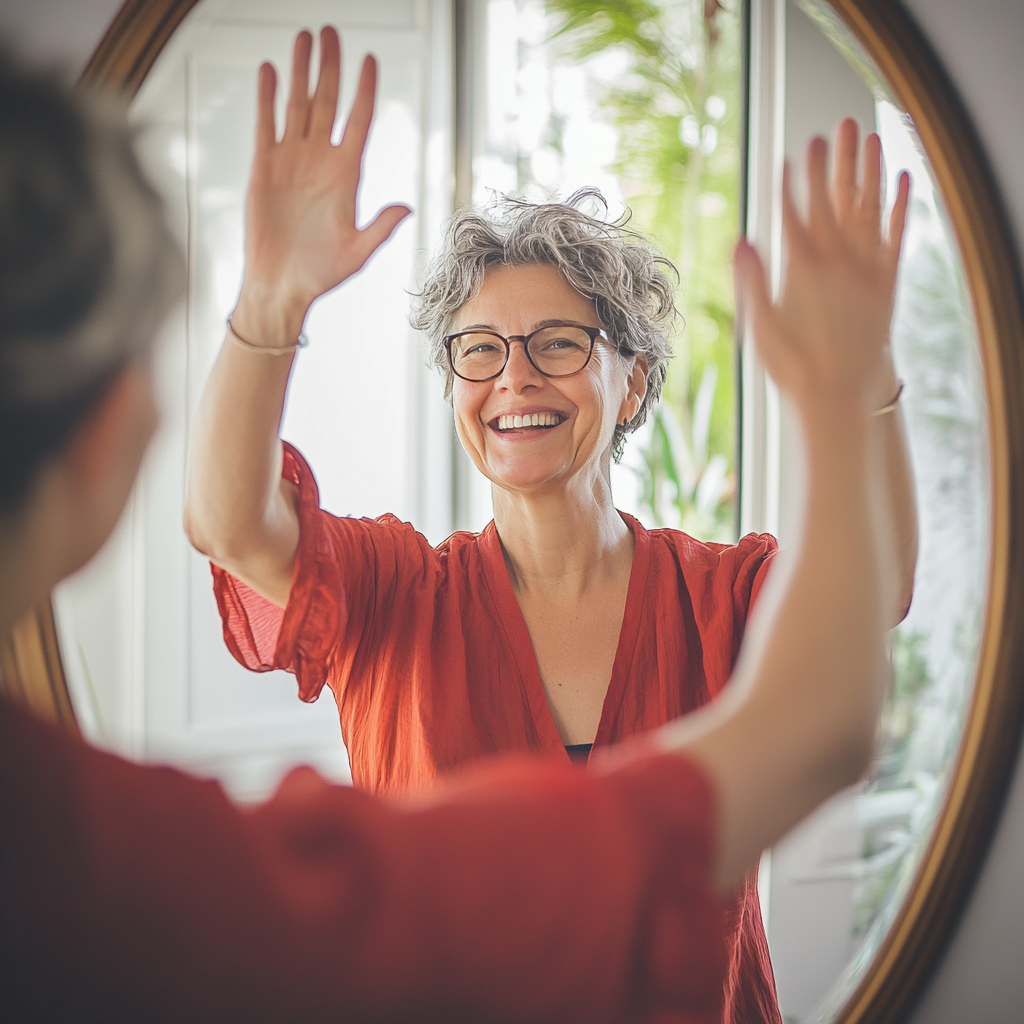 Middle aged woman, celebrating small win, high-fiving mirror.