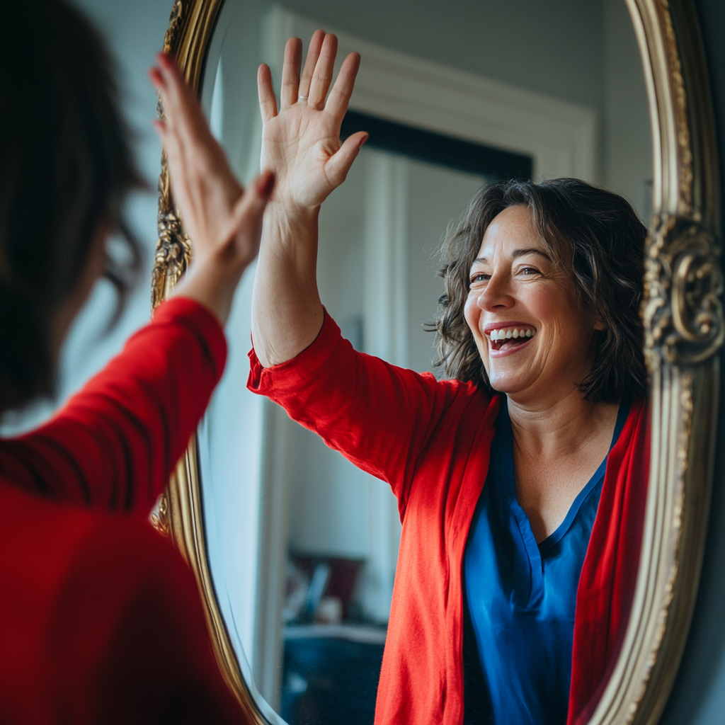 Middle-aged woman high-fiving herself, smiling in mirror. Celebrating.