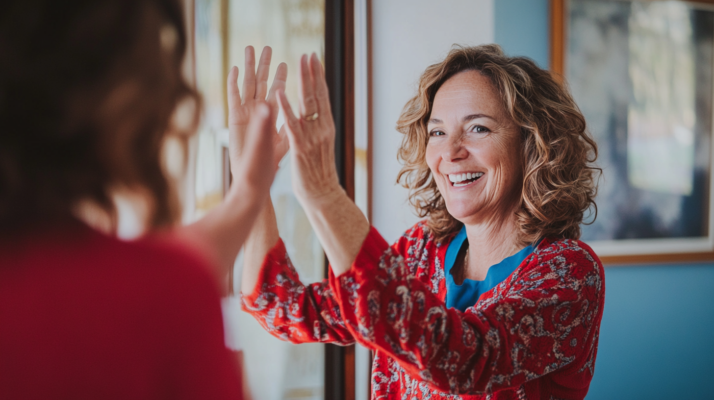 Middle aged woman high-fiving herself in mirror, celebrating win.