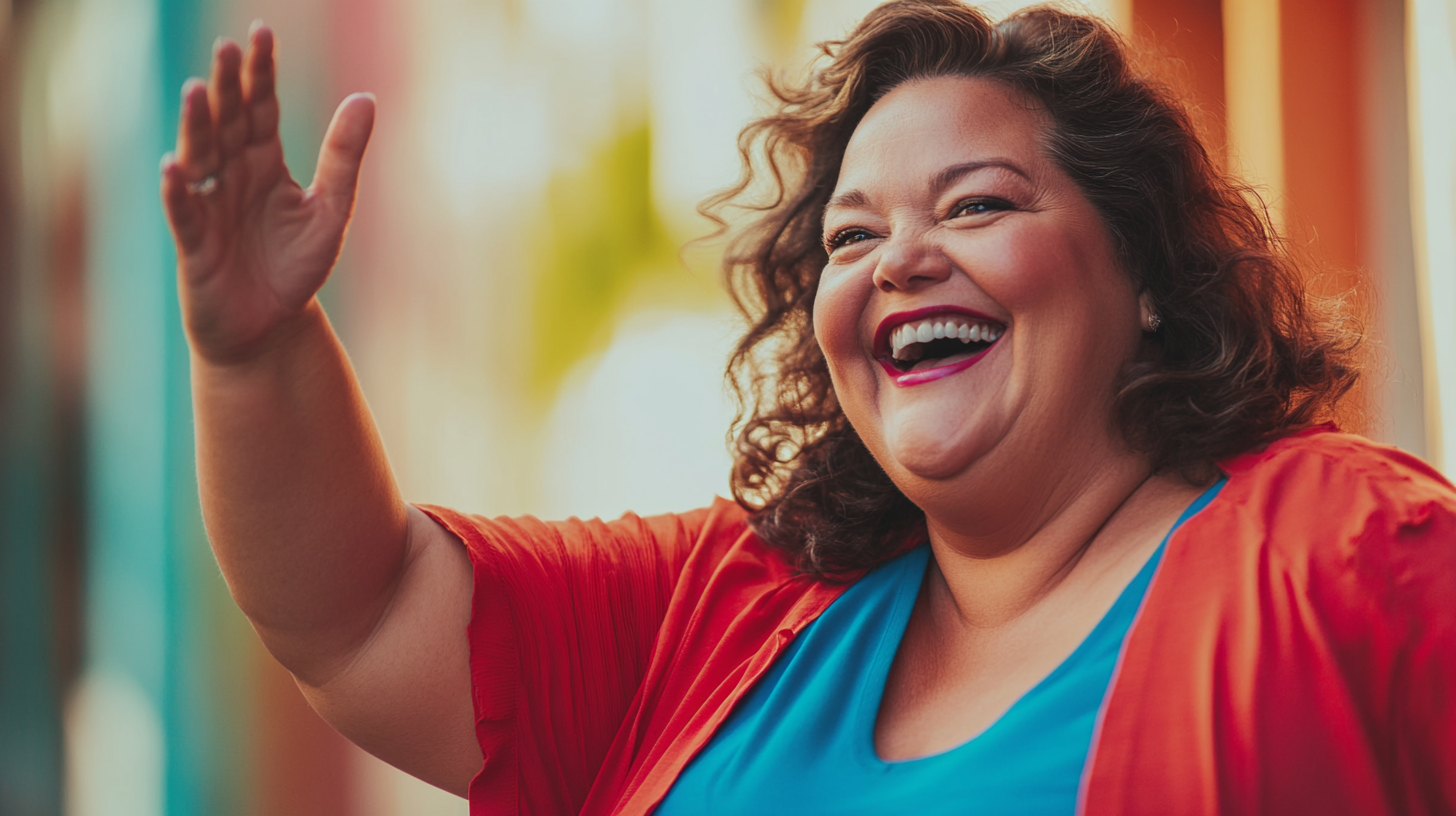 Middle aged woman joyfully celebrates small win with high-five.