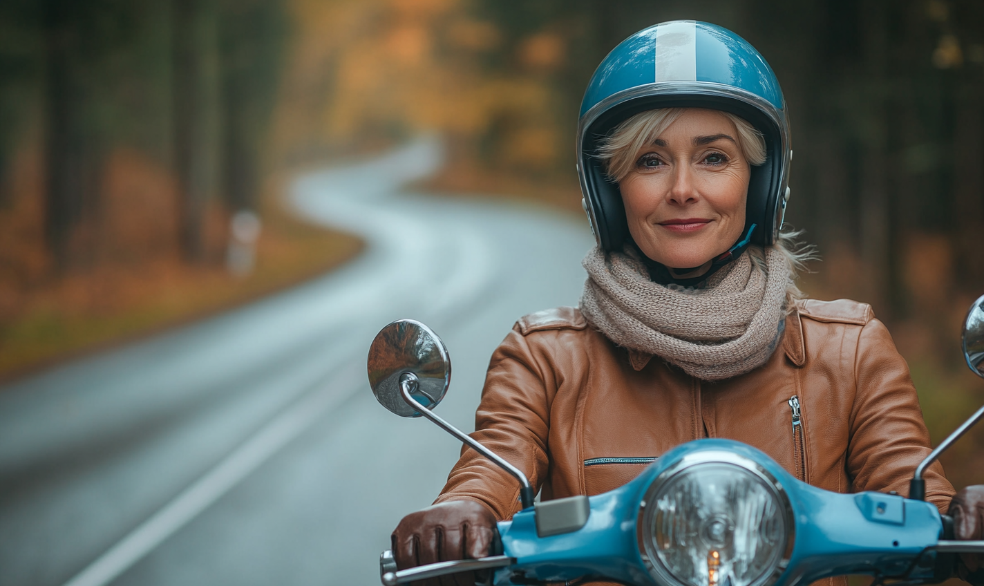 Middle-aged woman on blue scooter in forest