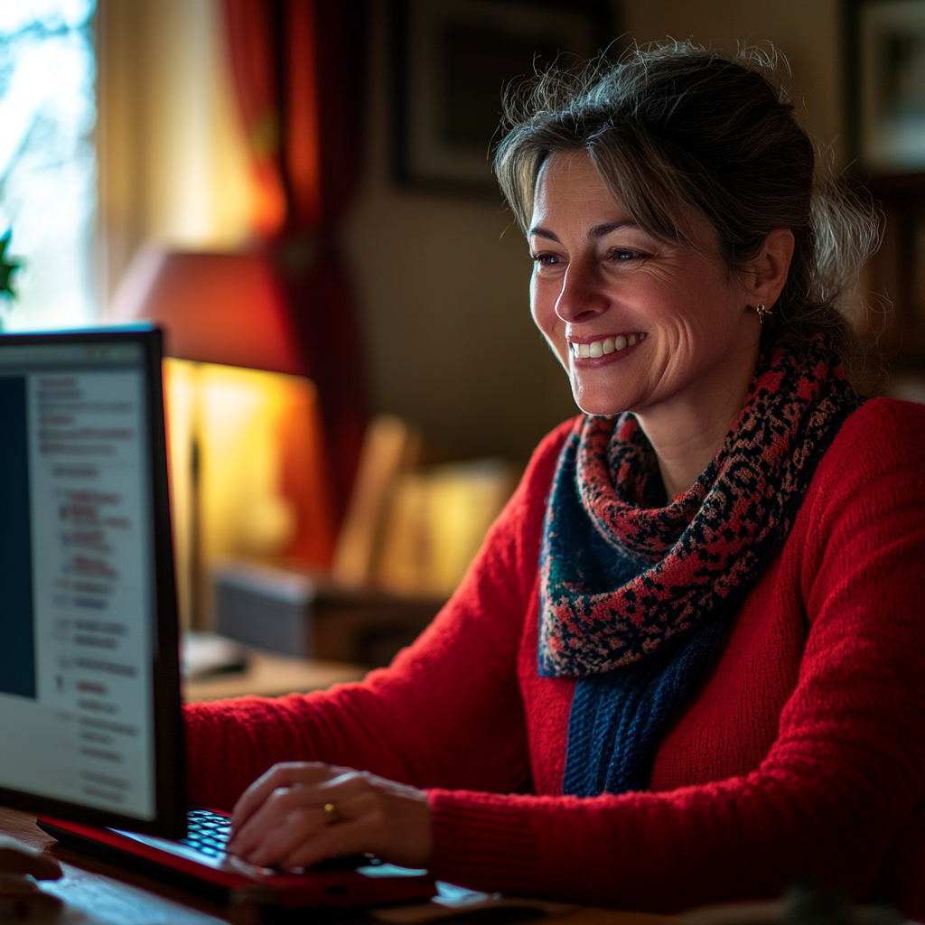 Middle-aged woman smiling at computer in virtual meeting.