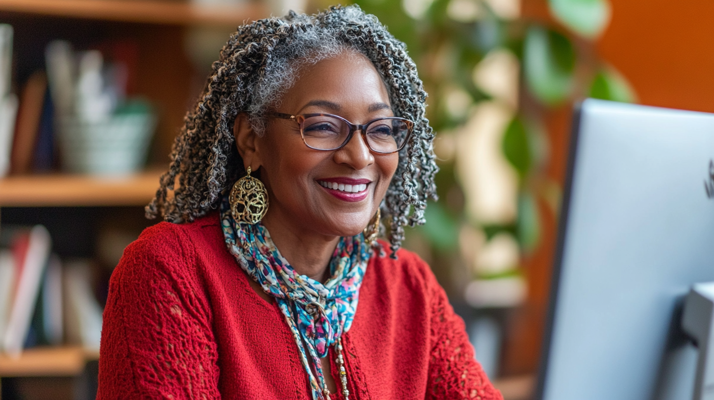 Middle-aged woman smiling in virtual meeting with red/blue clothing.