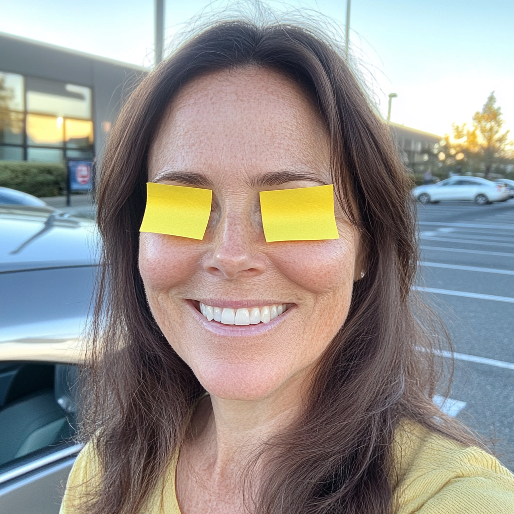 Middle-aged woman smiling with post-it notes, Manchester parking lot 