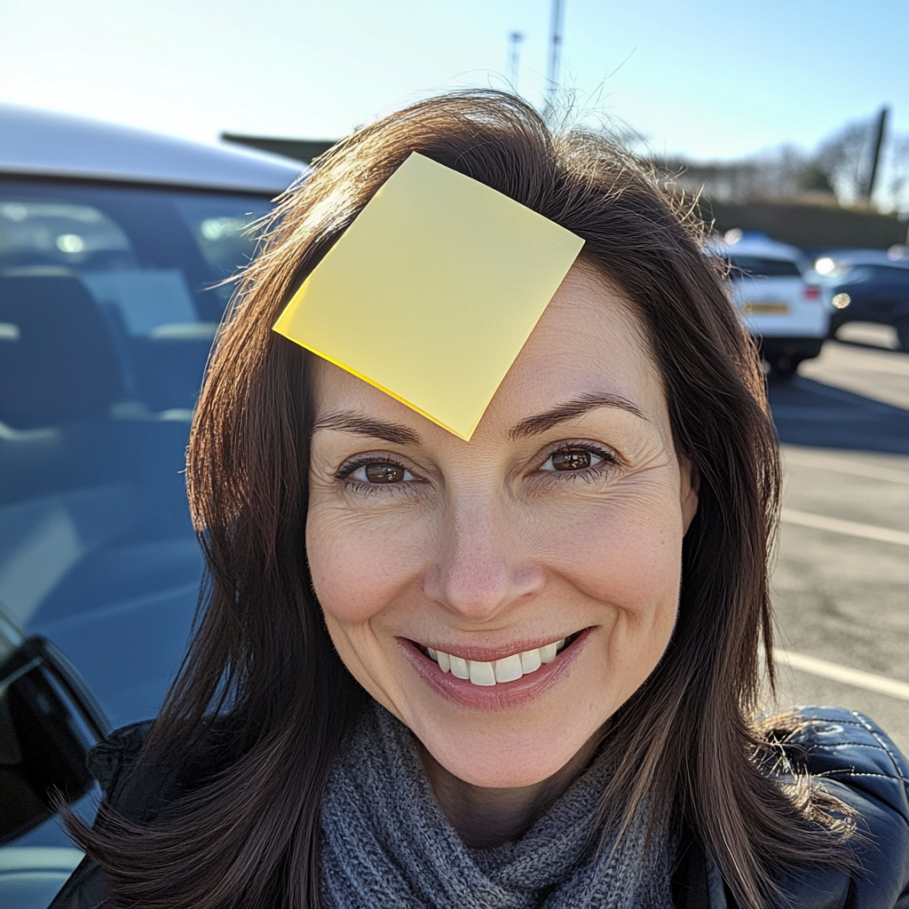 Middle-aged woman taking selfie with post-it note in parking lot.