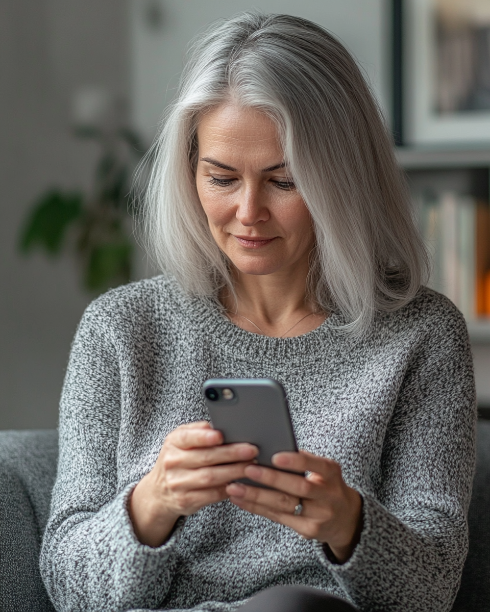 Middle-aged woman using iPhone 15 app in apartment.