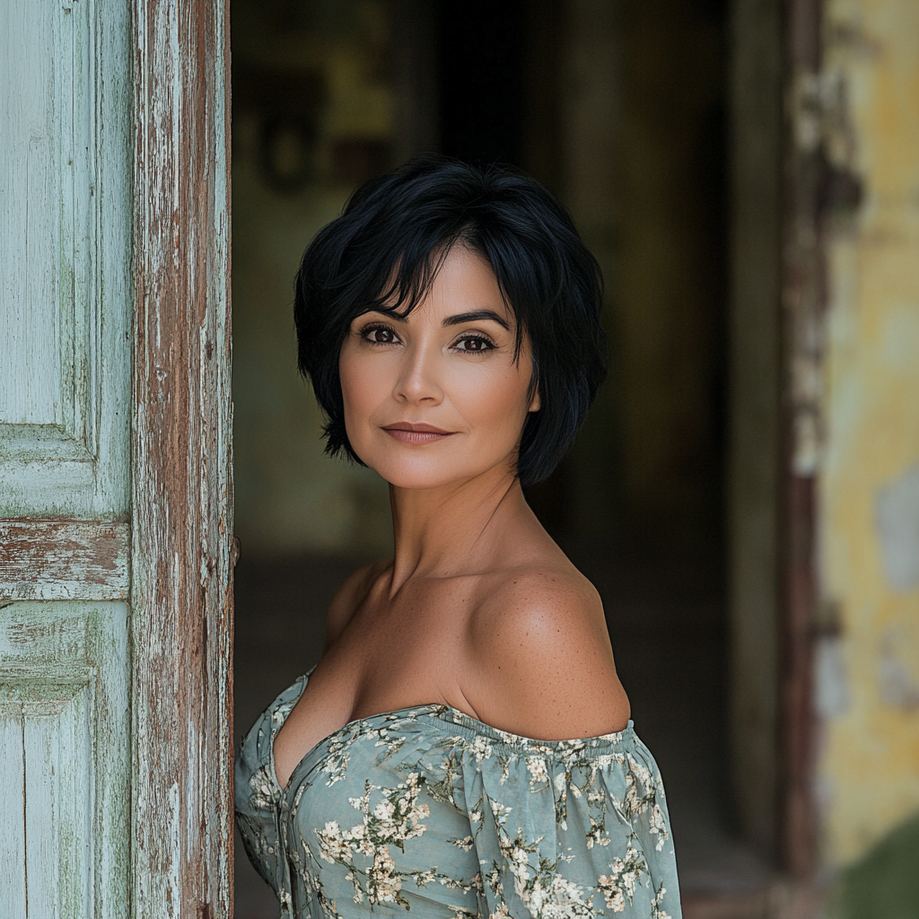 Middle aged woman with short black hair posing by old doorway for fashion magazine shoot