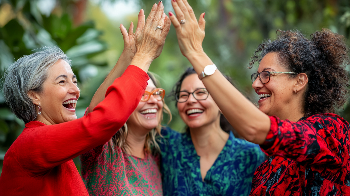 Middle aged women celebrating, playful, high-five, cheerful, DSLR.