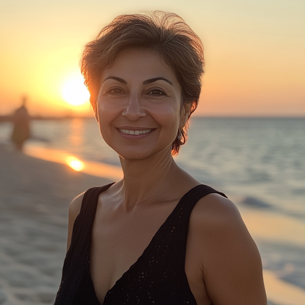 Middle eastern woman in her early sixties, smiling beachwalk.