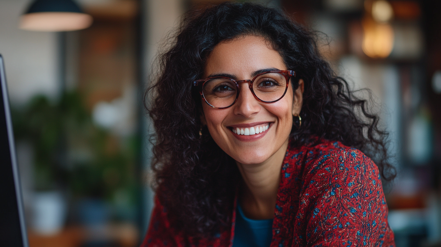 Middle eastern woman smiling, engaging in virtual meeting.