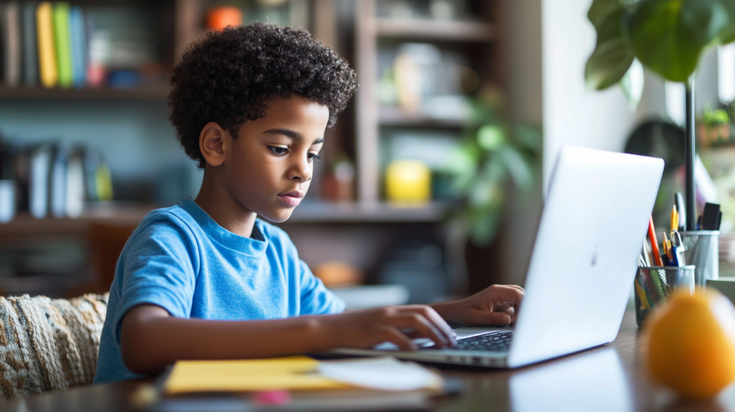 Middle school student studying on laptop at home