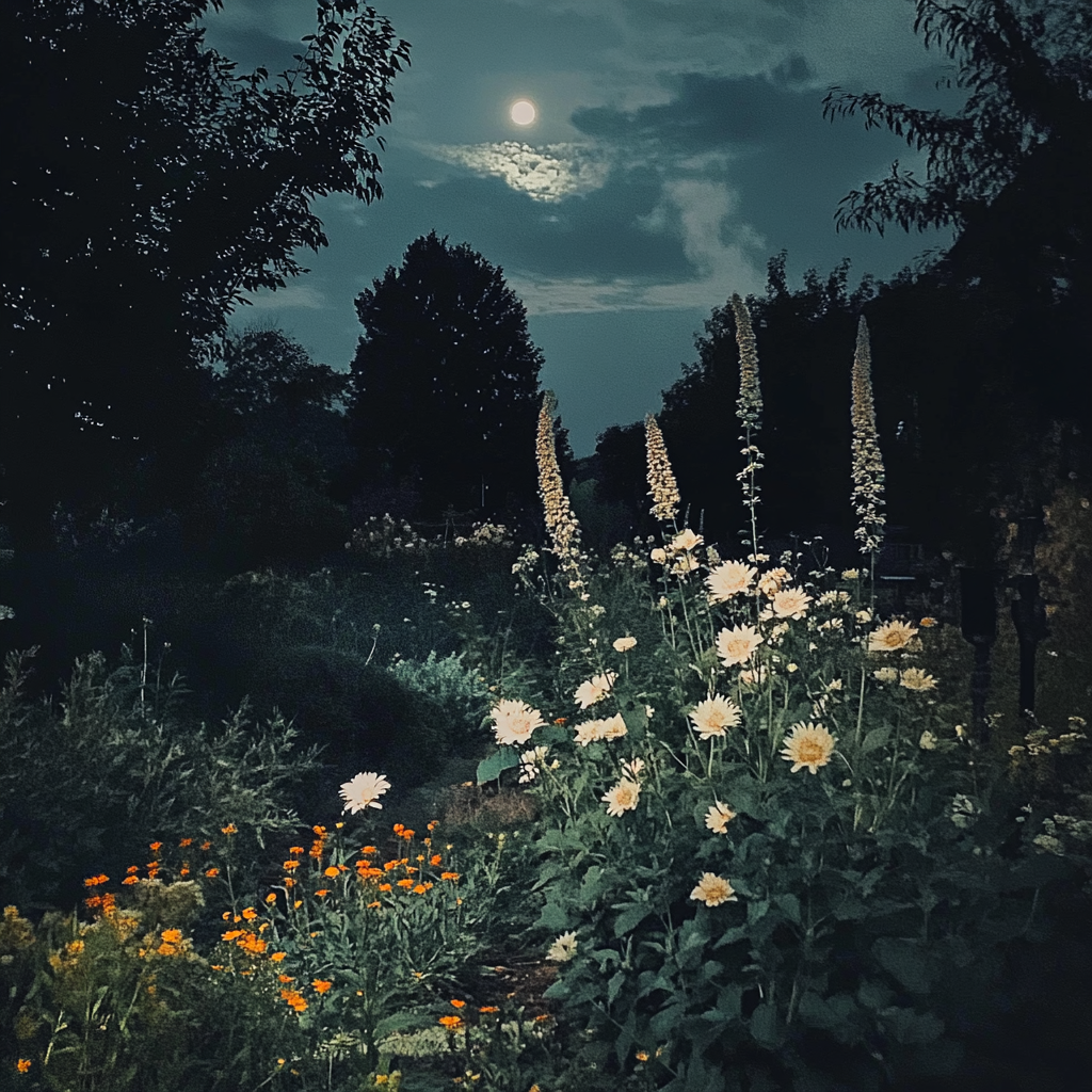 Midnight garden with moonlight, iPhone 15 pro photo