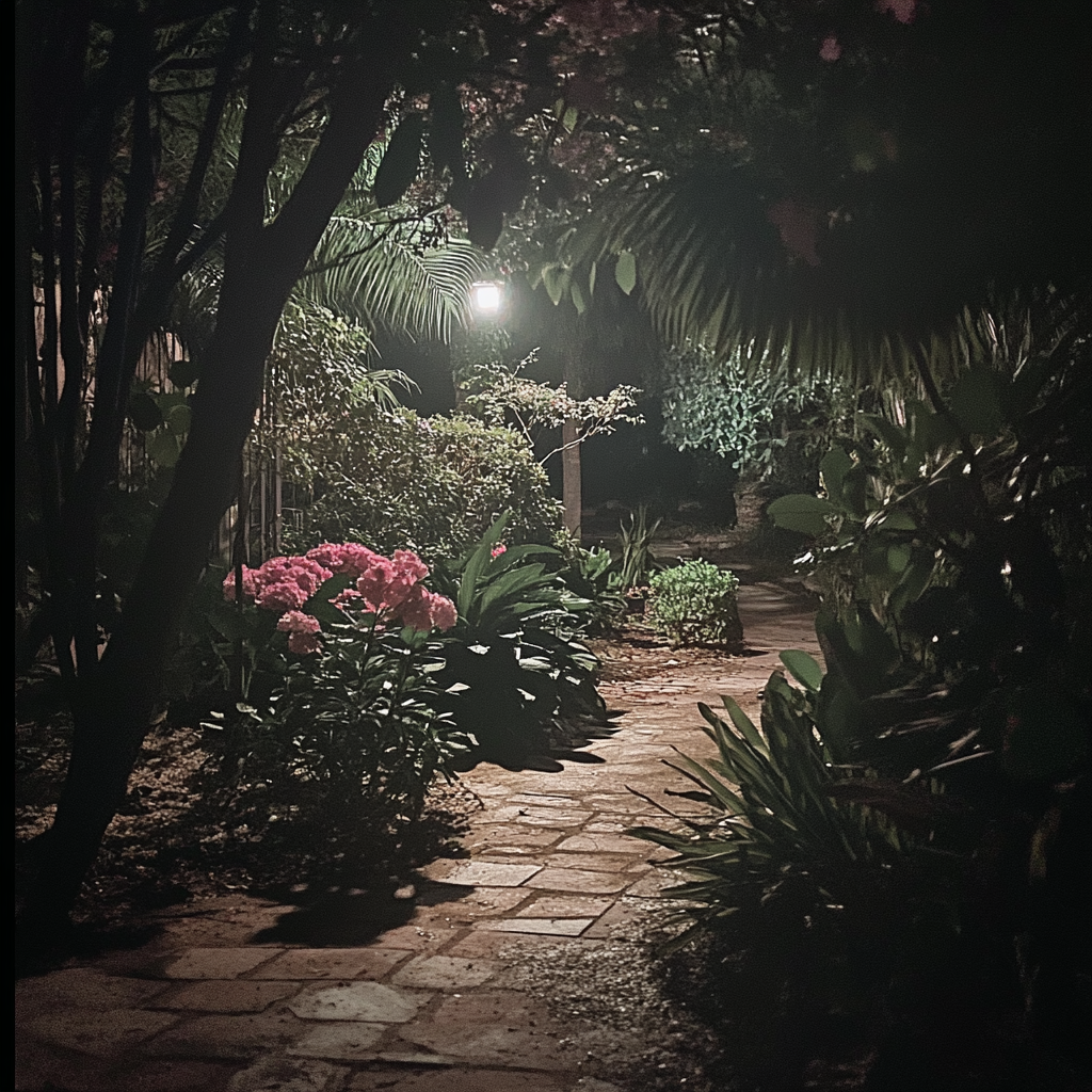 Midnight garden with moonlit plants, peaceful contemplation iPhone 15 pro.