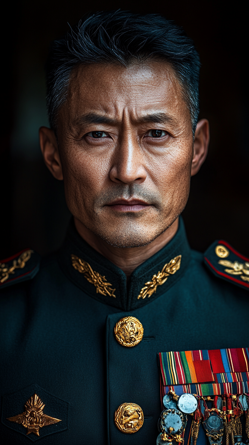 Military Chinese general, 52, dark piercing eyes, scar, space base.