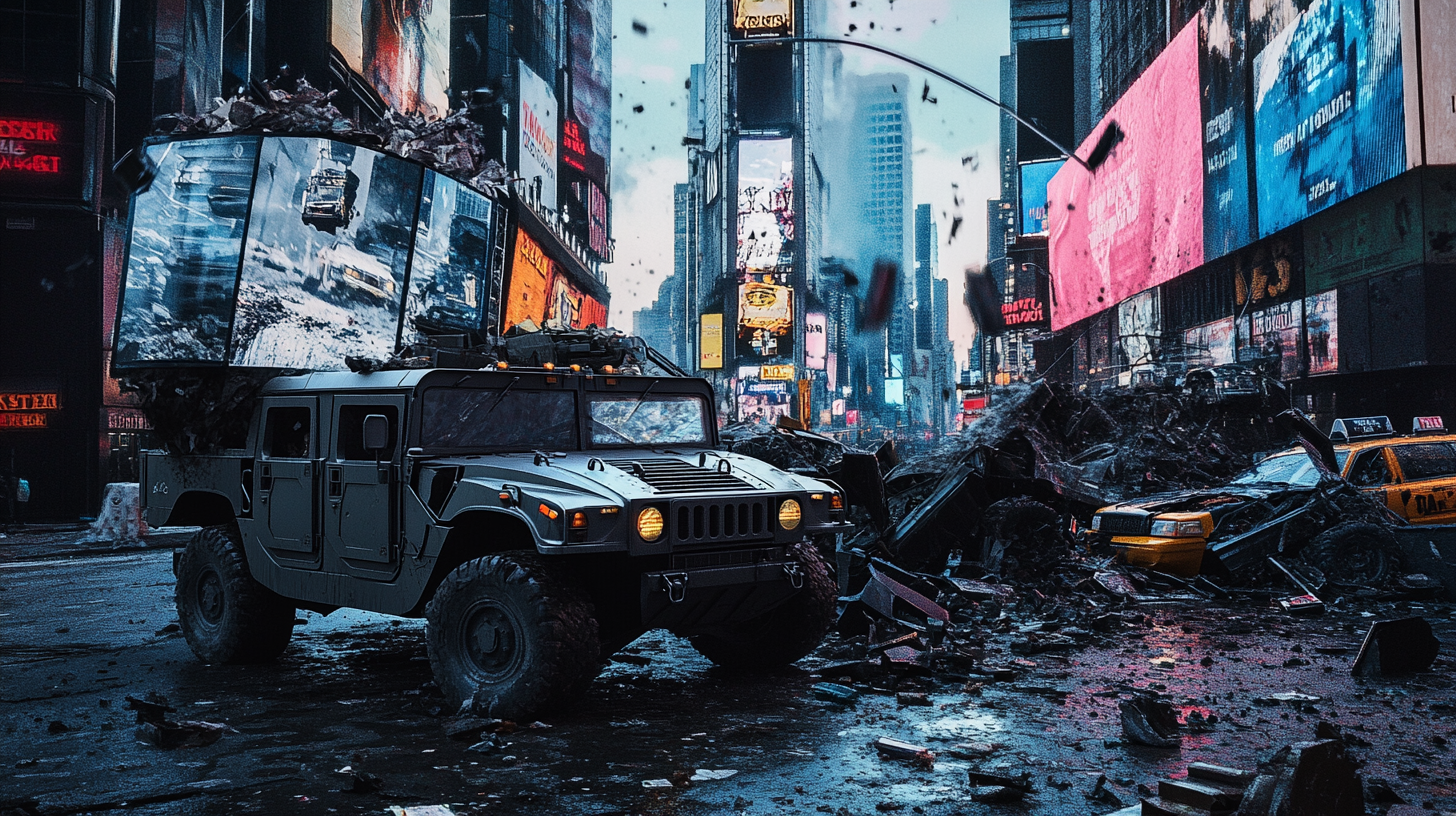 Military Hummers crashed in Times Square, damage captured. Lighting natural, diffused, cool blues. Wide shot composition.