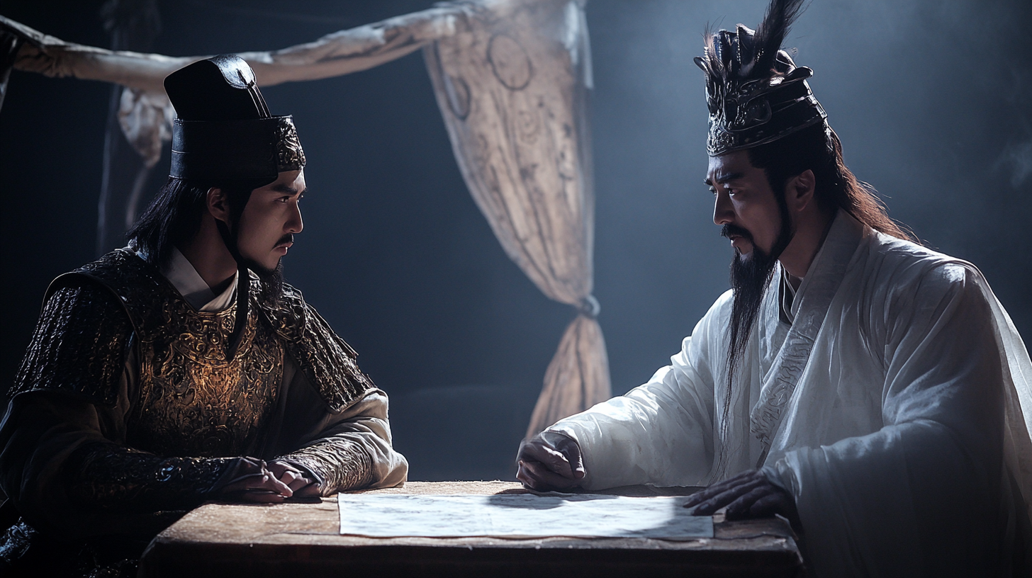 Military strategists Zhou Yu and Zhuge Liang in tent.