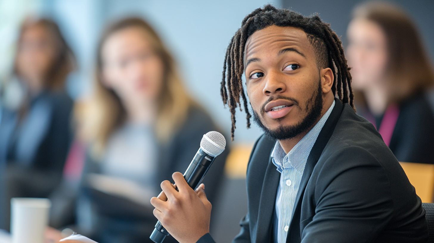 Millennial black man with microphone must not have dreadlocks.