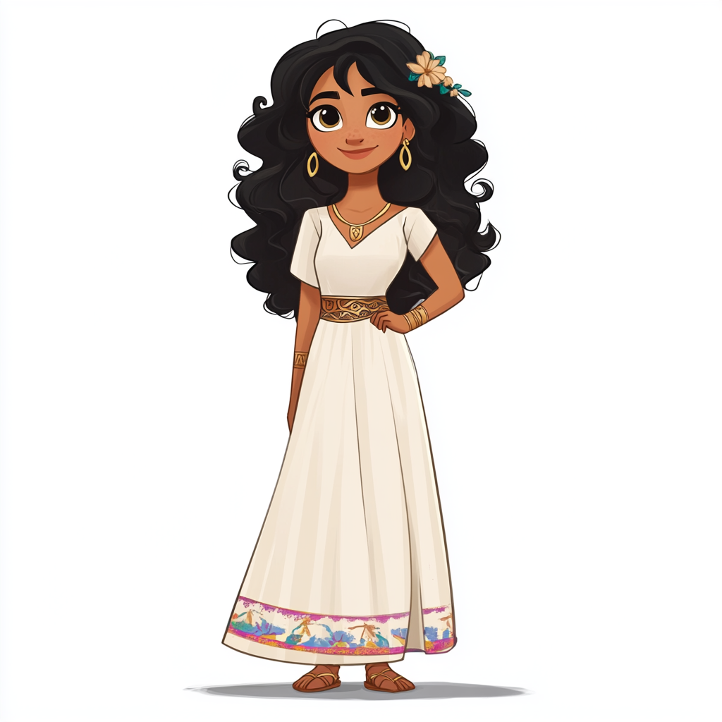 Milya, Youthful Cartoon Character in Flowery White Dress