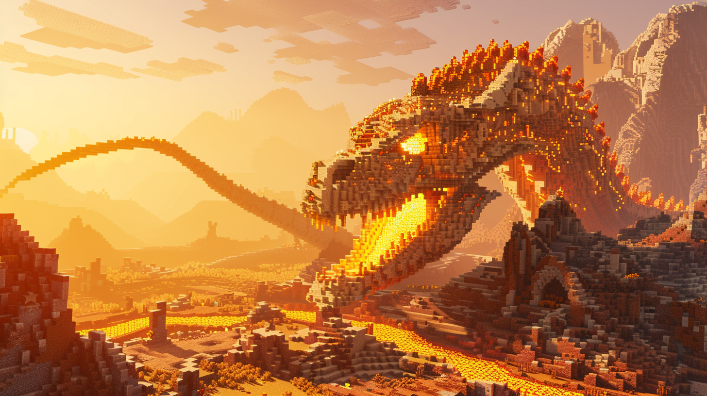 Minecraft build of Balerion's skull in desert landscape.