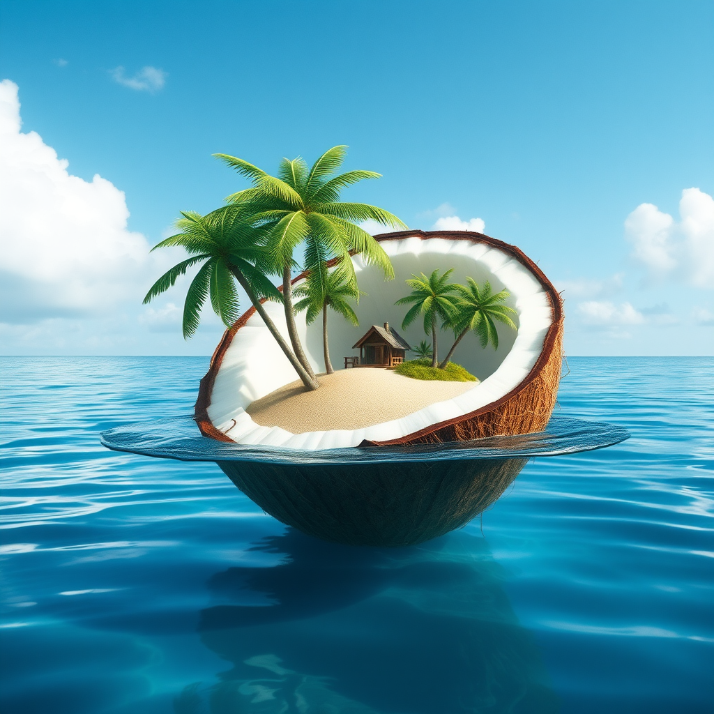 Miniature Island Inside Coconut Floating in Sea