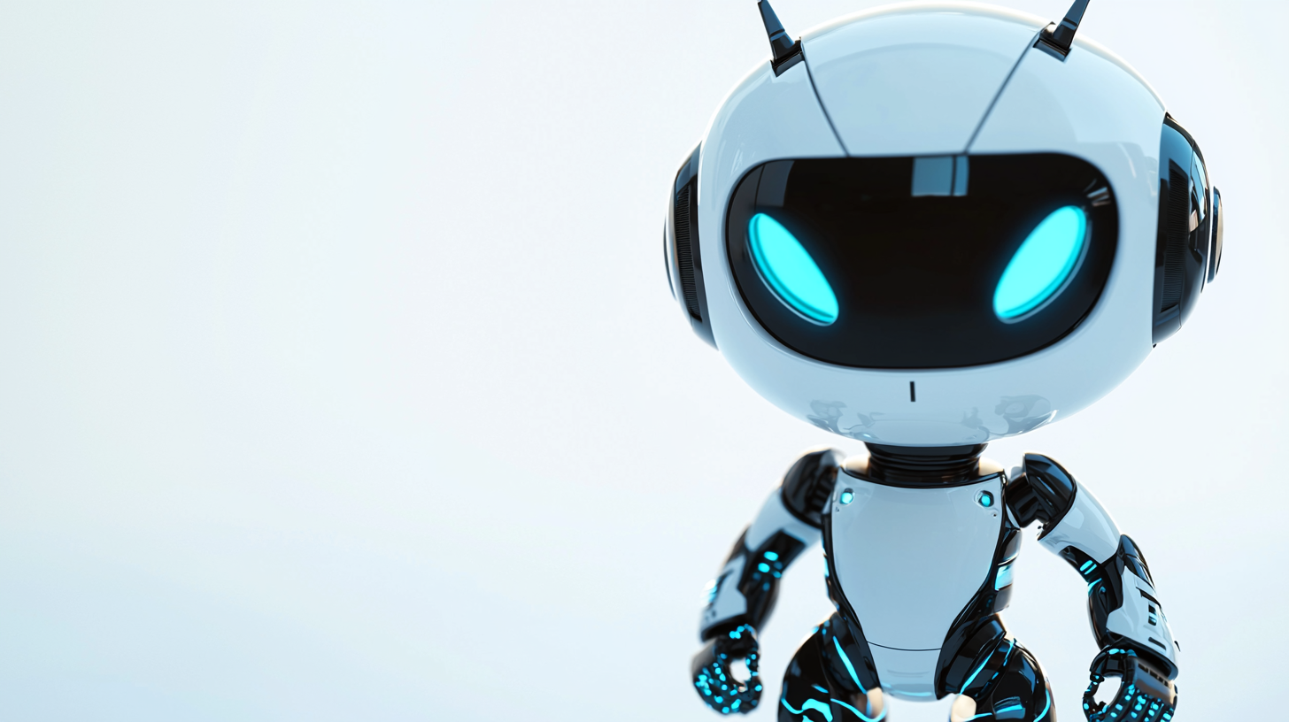 Miniature robot with glowing eyes for advertising or banners.