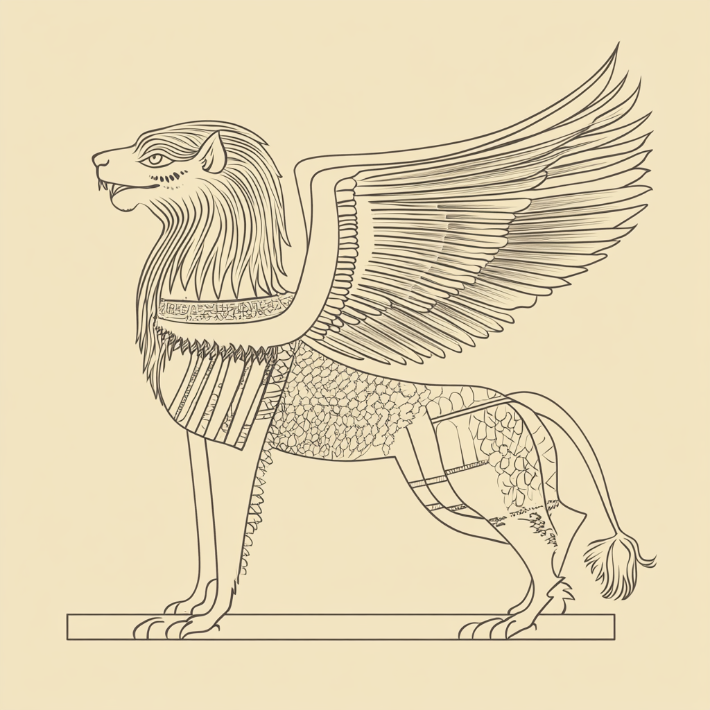 Minimal 2D vector art of Persian-inspired griffin.