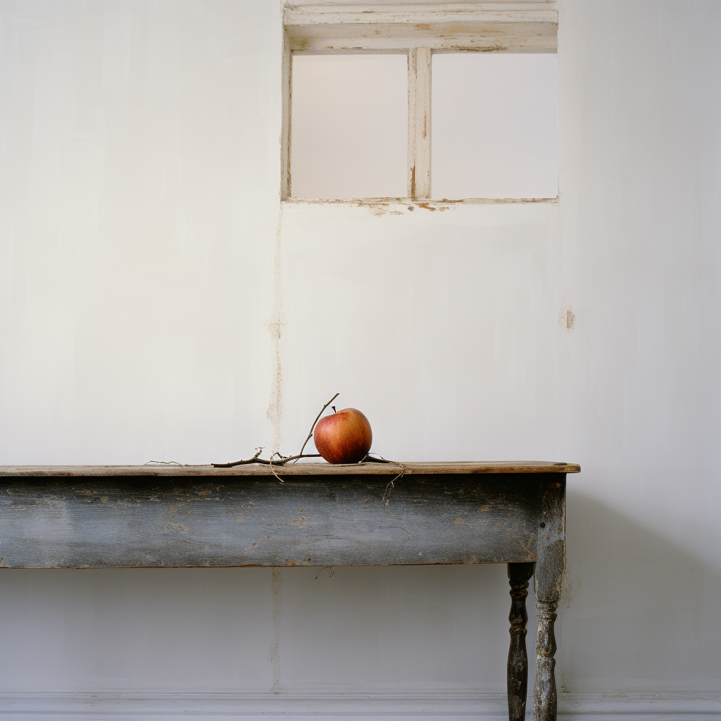 Rotting apple and peach on a minimal table