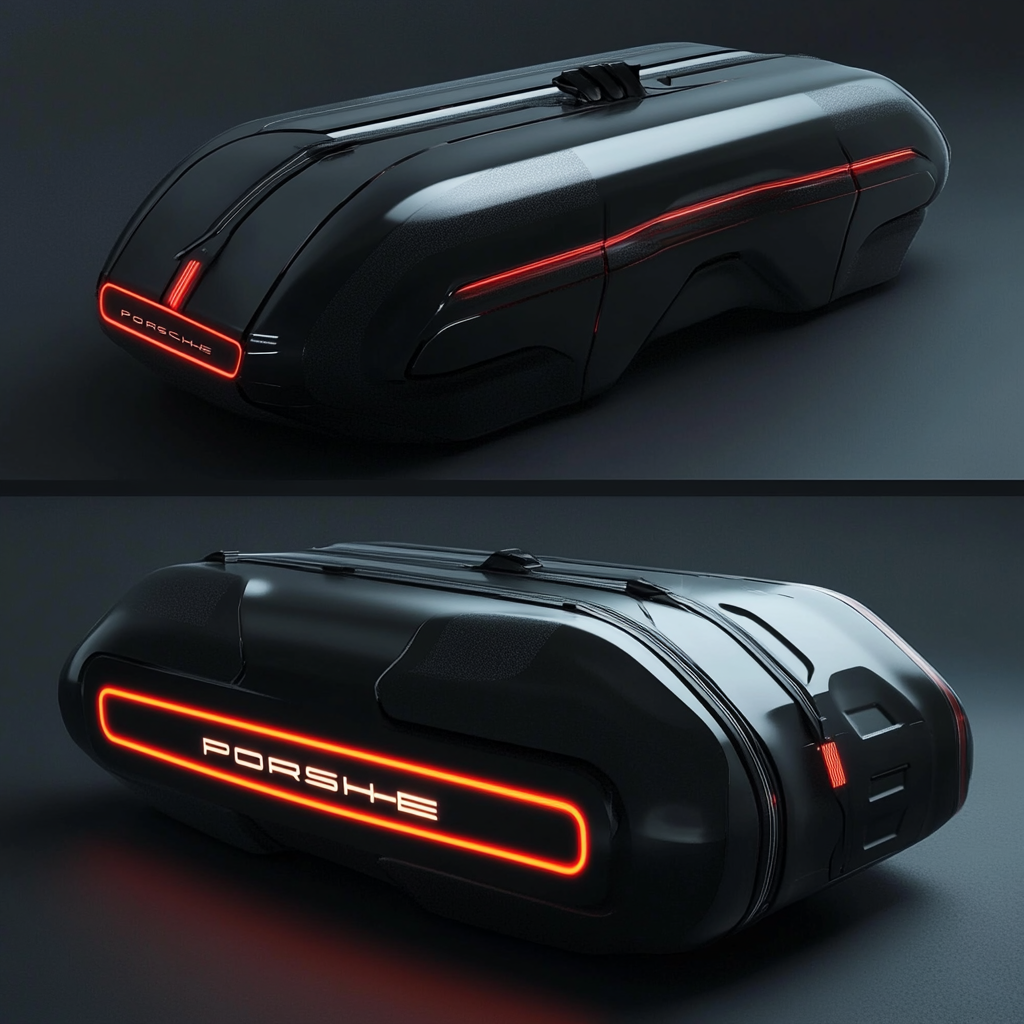 Minimal futuristic Porsche duffle bag with logo, realistic model.