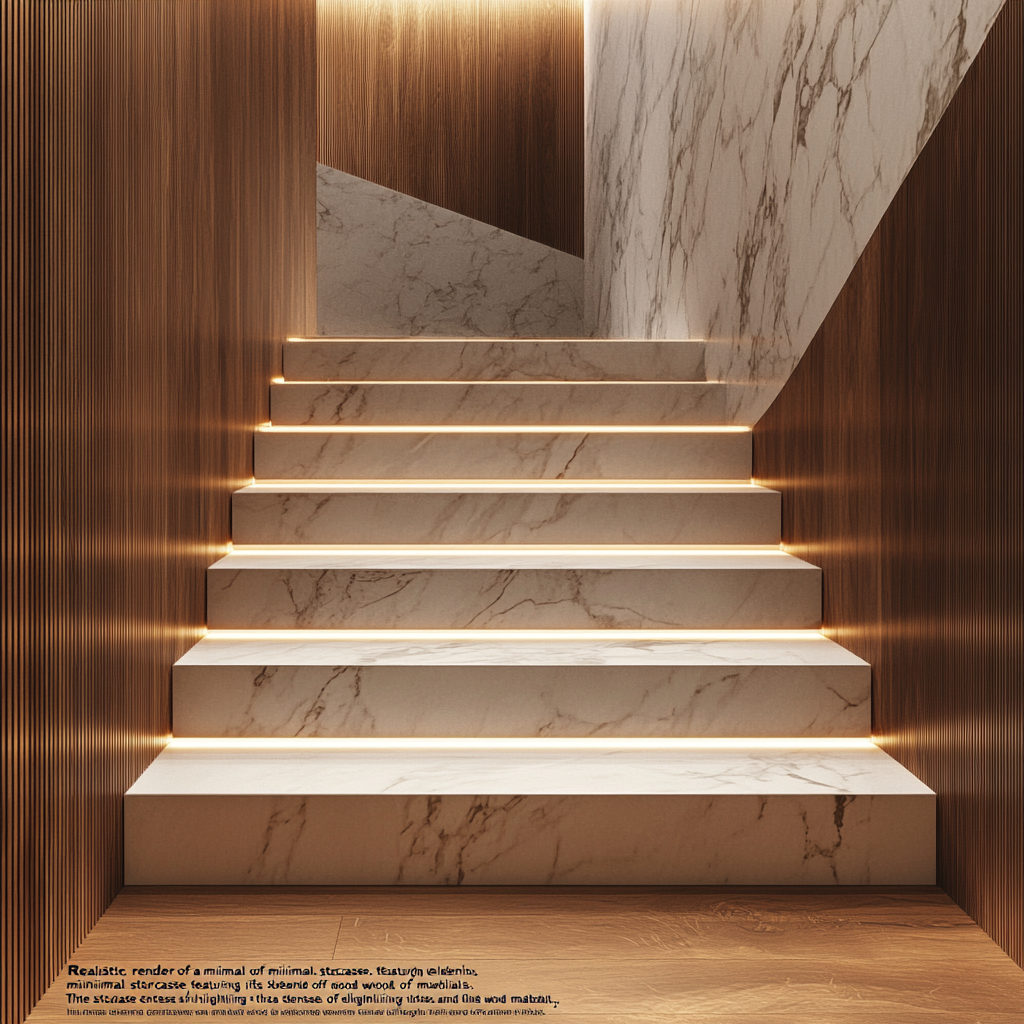 Minimal staircase with elegant marble and warm wood textures.