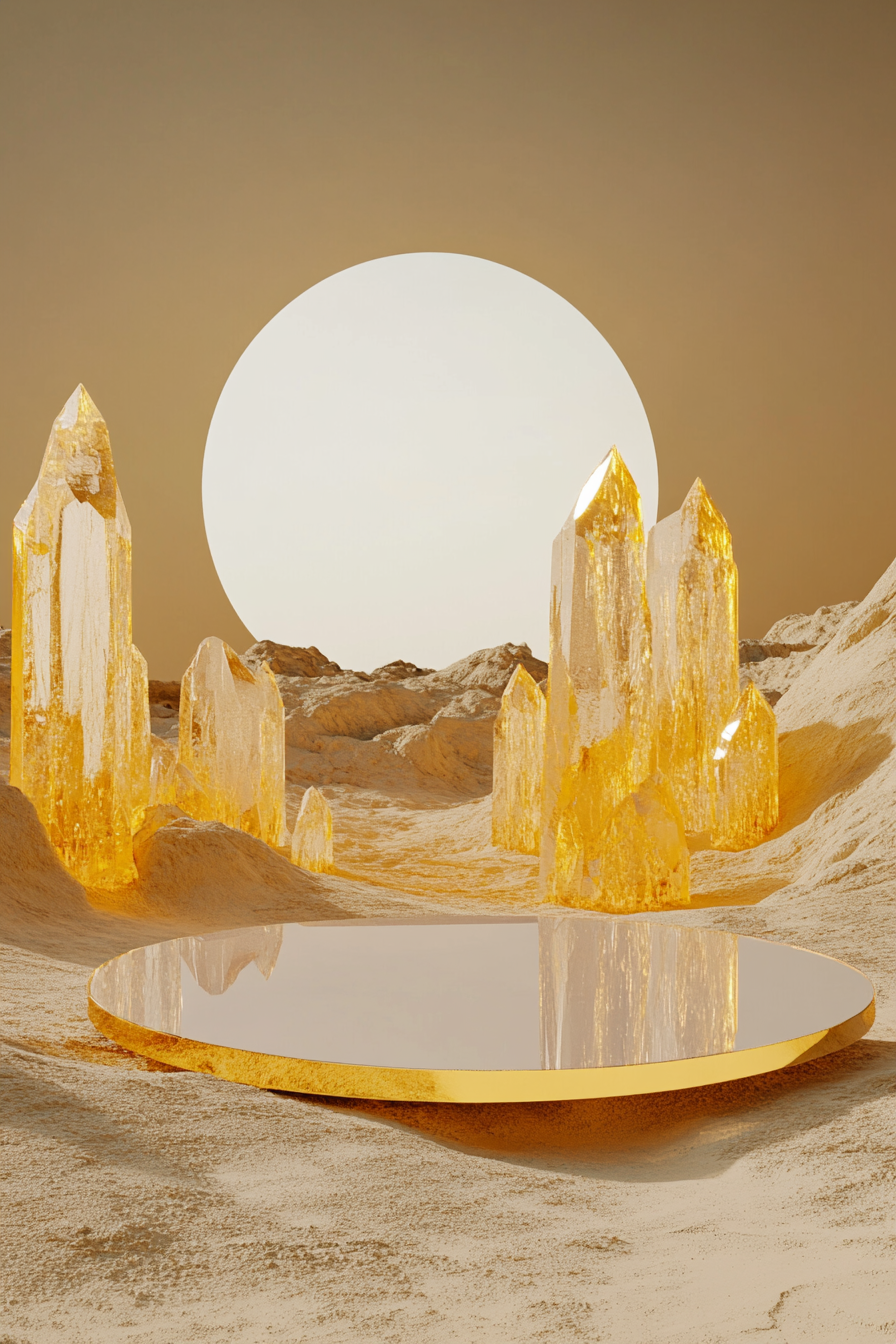 Minimal zen desert sunset scene with yellow crystal platform.