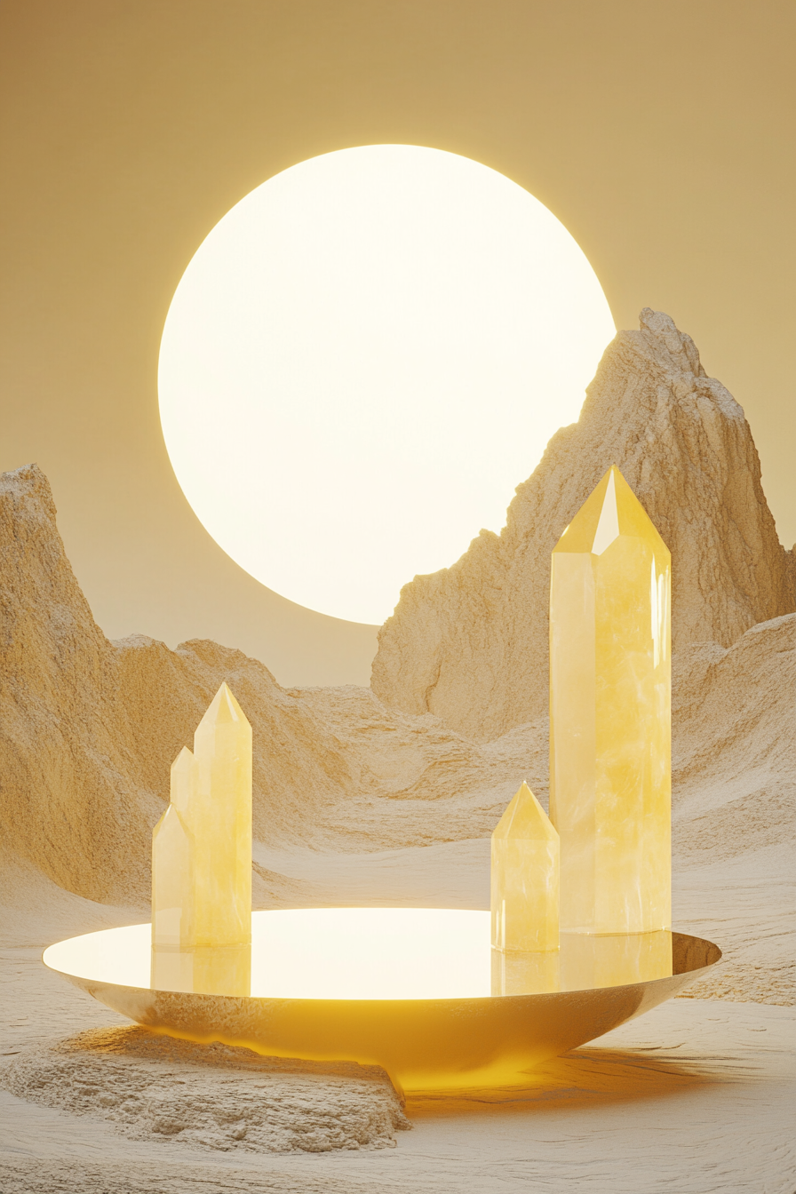 Minimal zen desert wallpaper with crystal mountains and sunset.