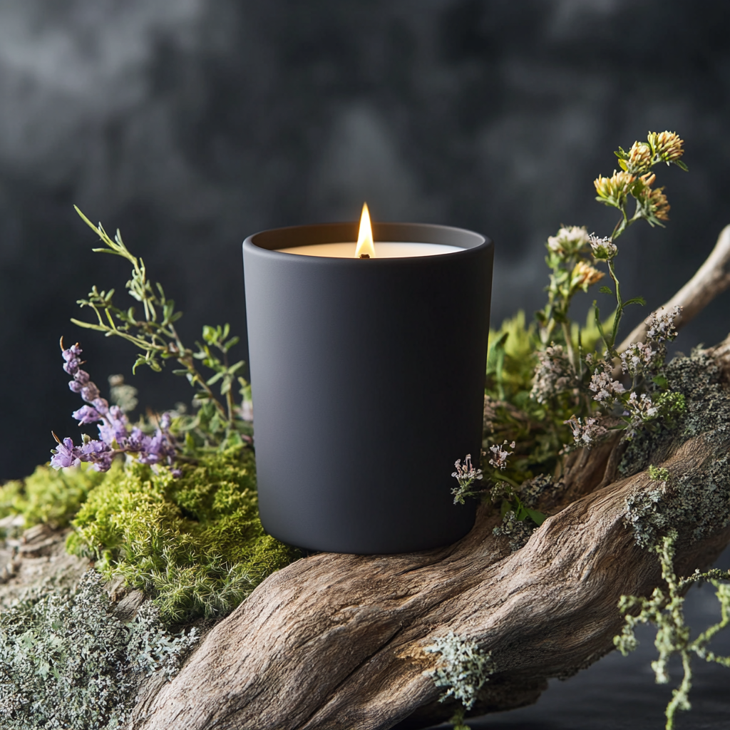 Minimalist, eco-luxury candle on driftwood with moss.