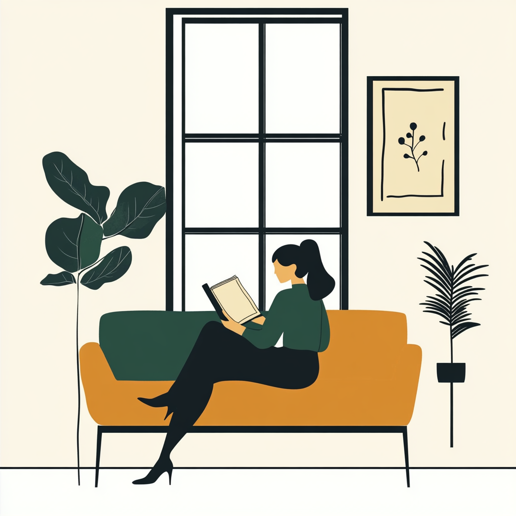 Minimalist, friendly illustration of a woman reading book.