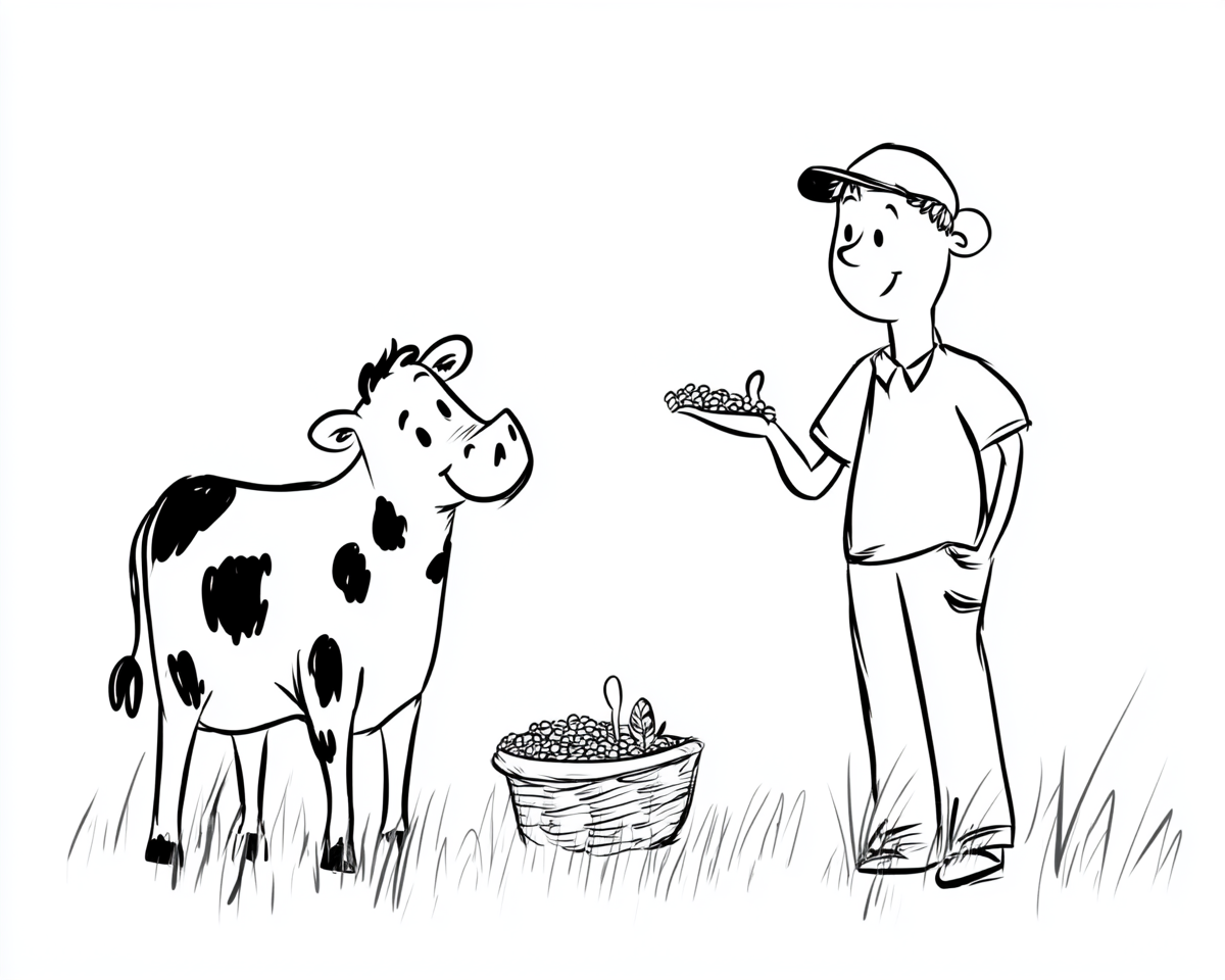 Minimalist Comic-style Child's Drawing of Cows and Farmer