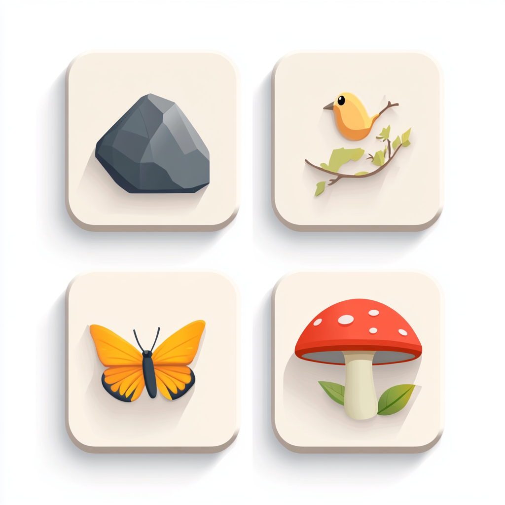 Minimalist Flat Icons: Rock, Butterfly, Bird, Mushroom