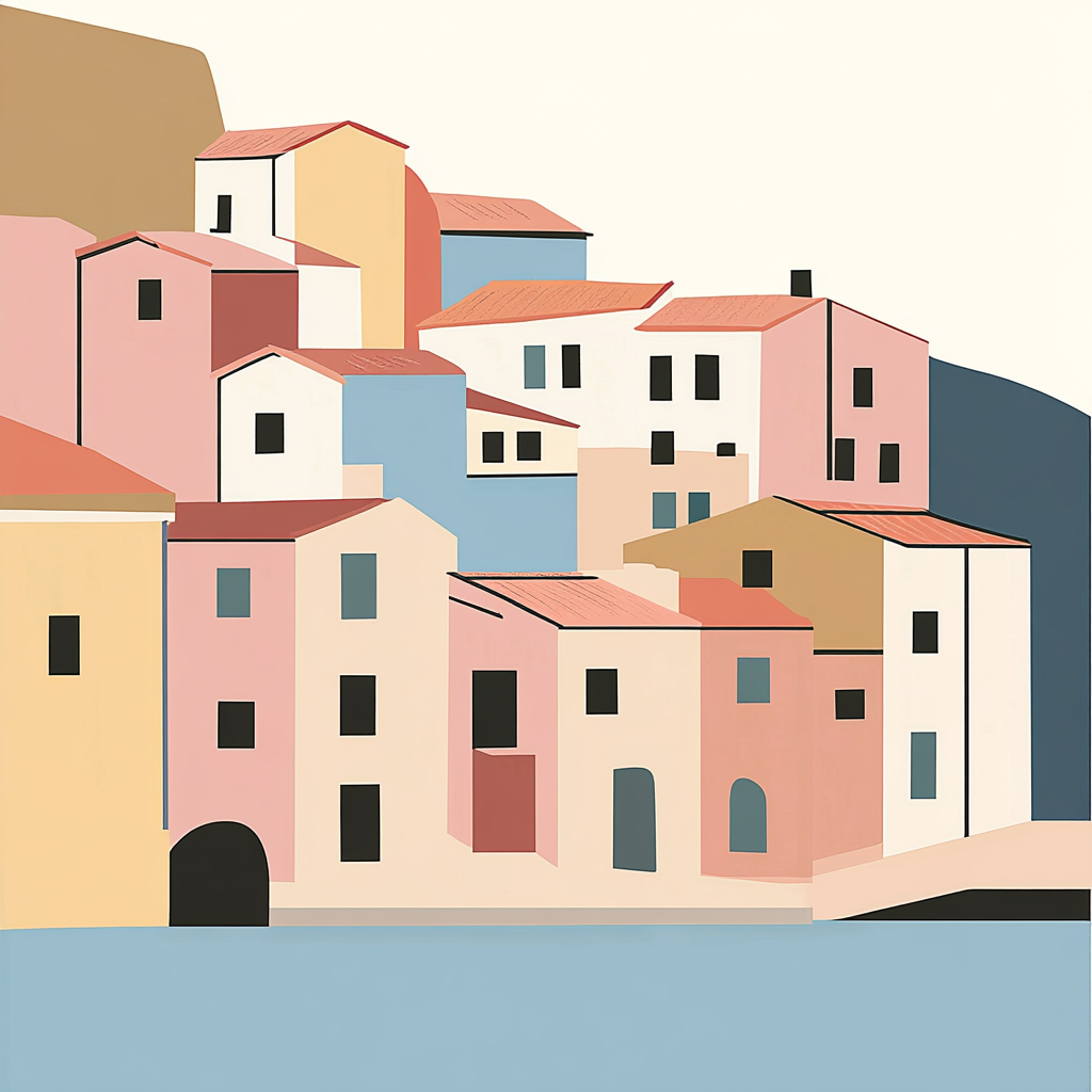 Minimalist Geometric Illustration of Bosa Village