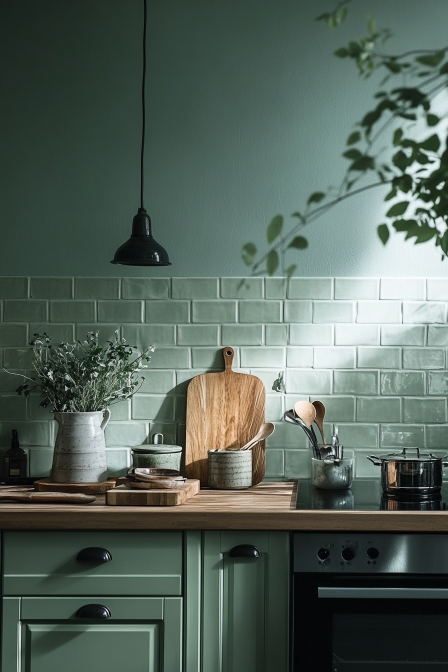 Minimalist Green Kitchen with Built-in Appliances and Natural Light