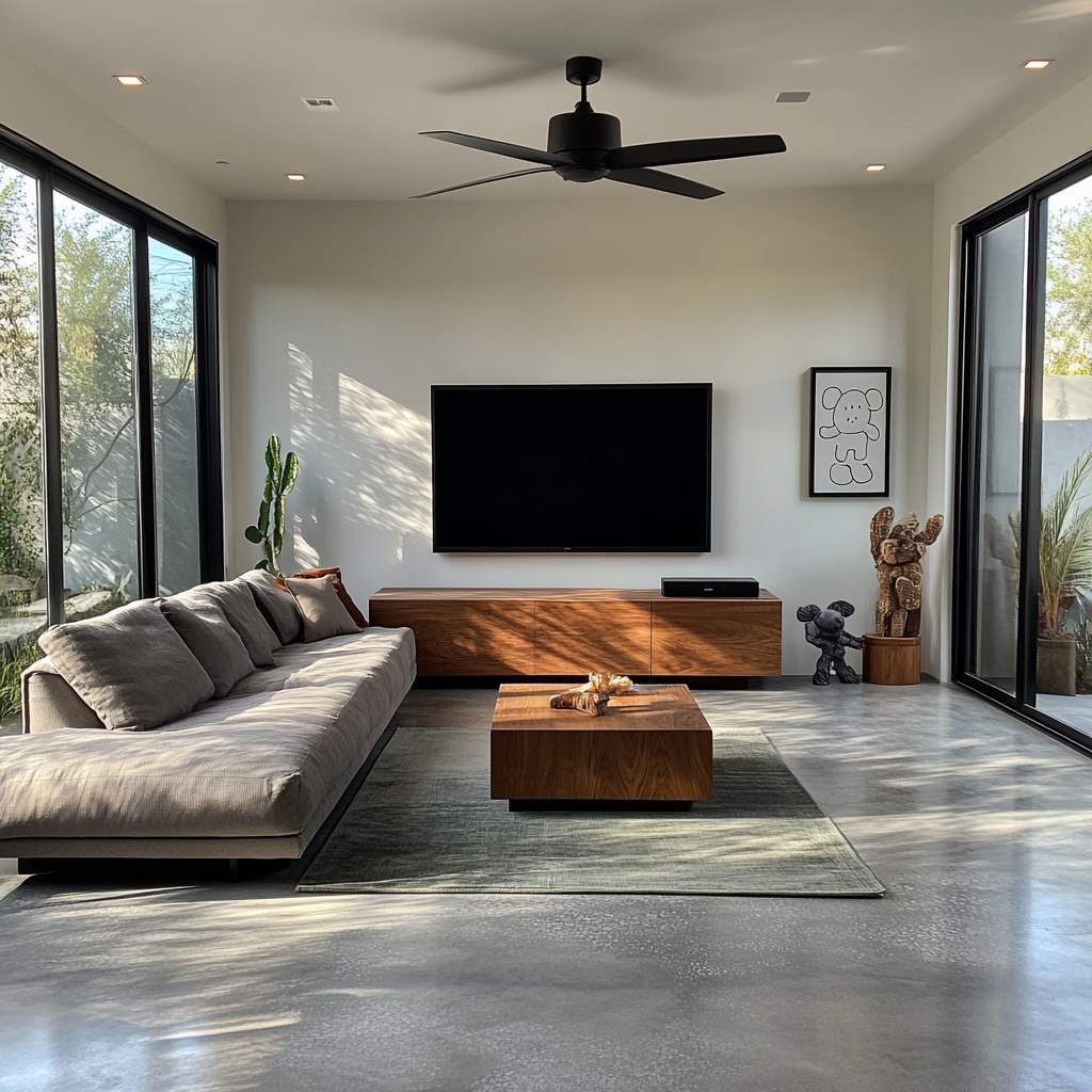 Minimalist Living Room with High Ceilings and Art