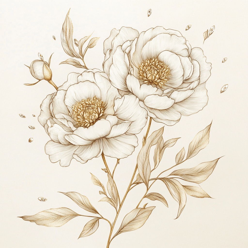 Minimalist Peony Line Drawing with Gold Accents and Crystals