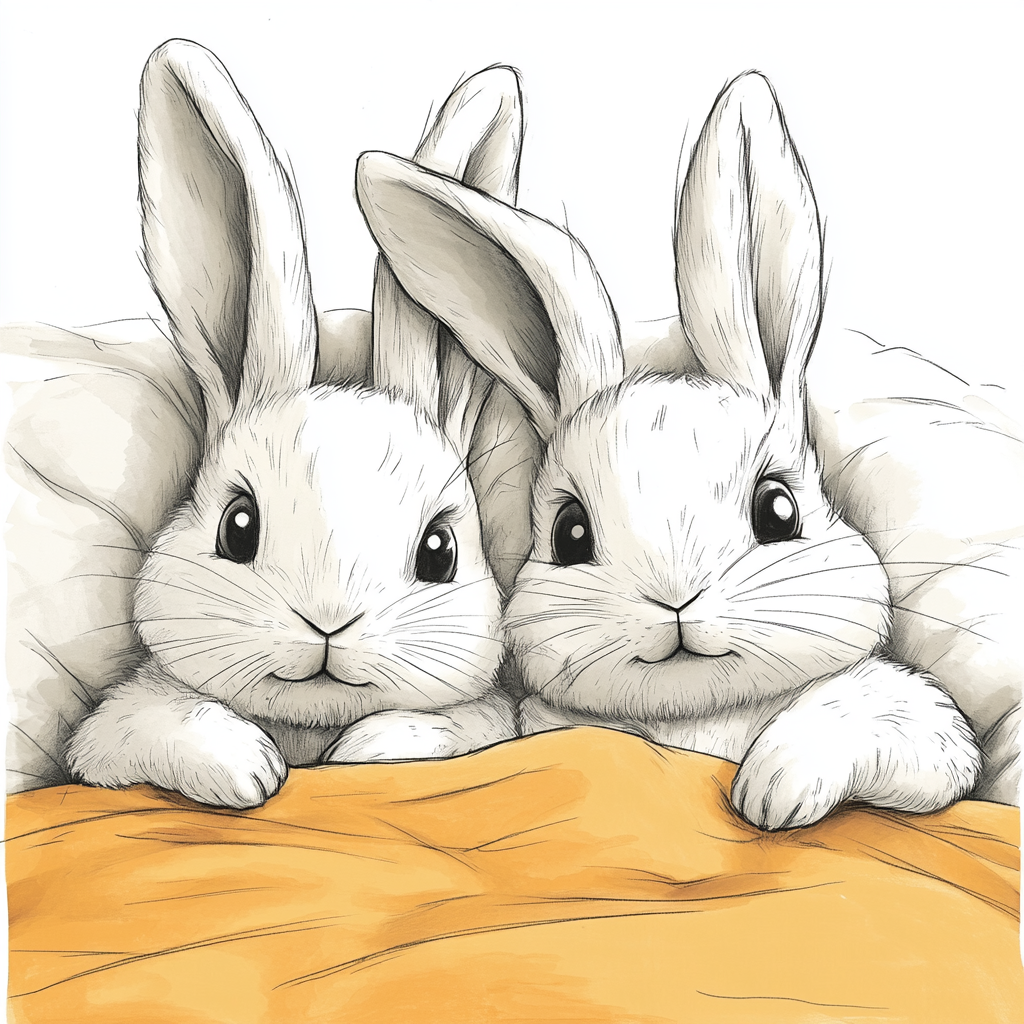 Minimalist Sharpie illustration of two bunnies in bed