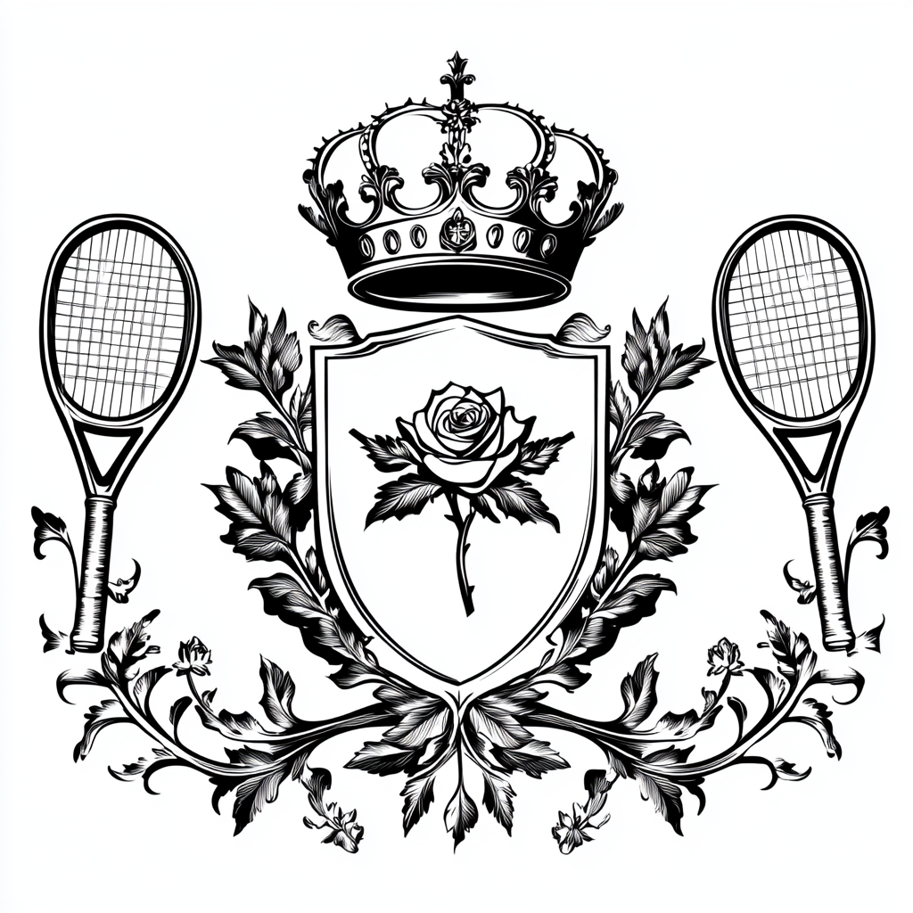 Minimalist Vector Coat of Arms: Rose, Crown, Tennis Rackets