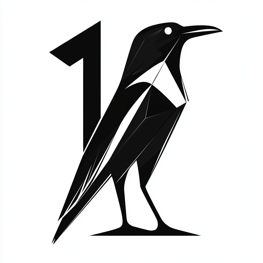 Minimalist black and white crow logo with number one.