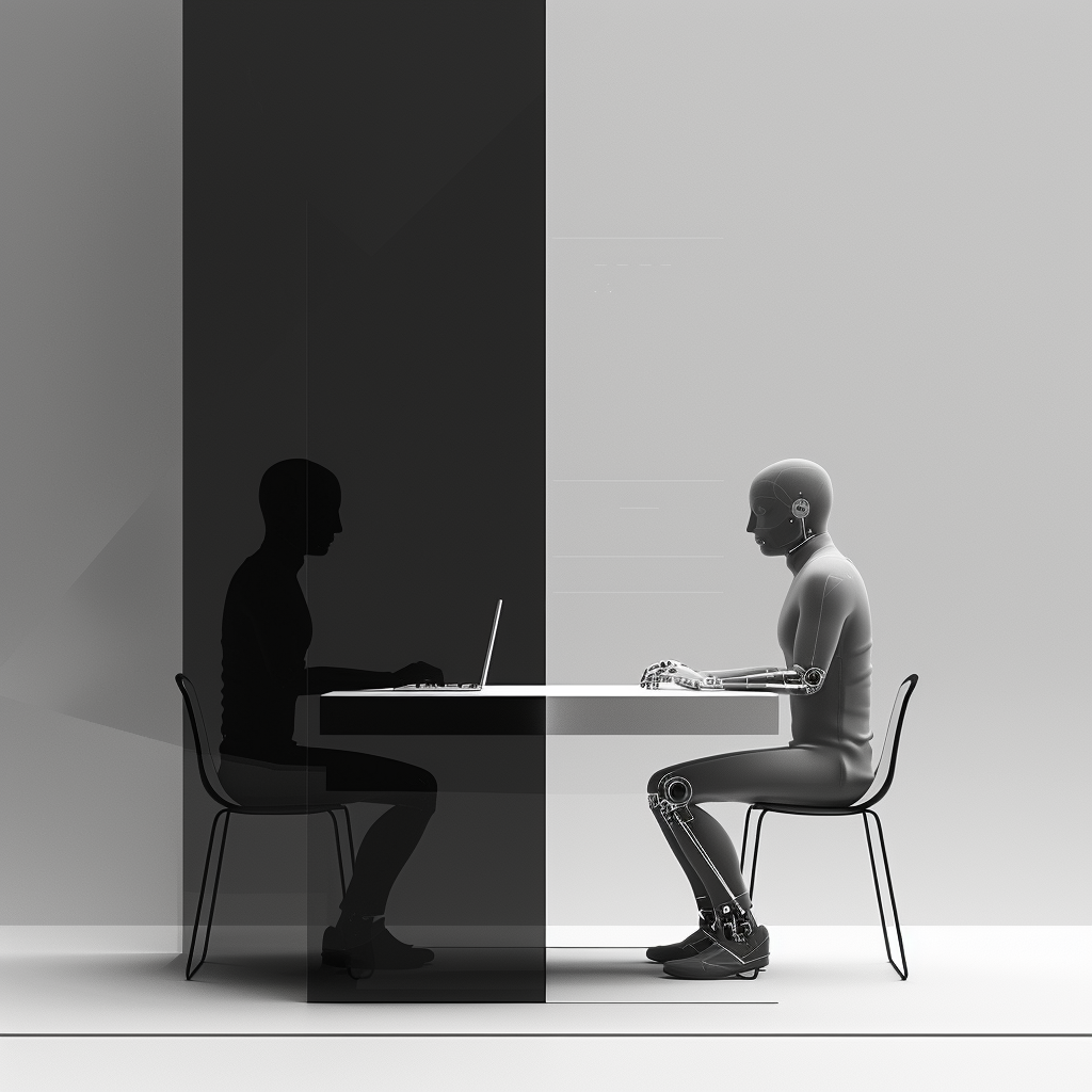 Minimalist black and white workspace with human and AI collaboration