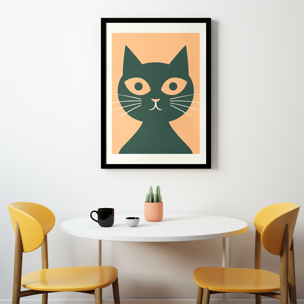 Minimalist black cat with yellow eyes at table.