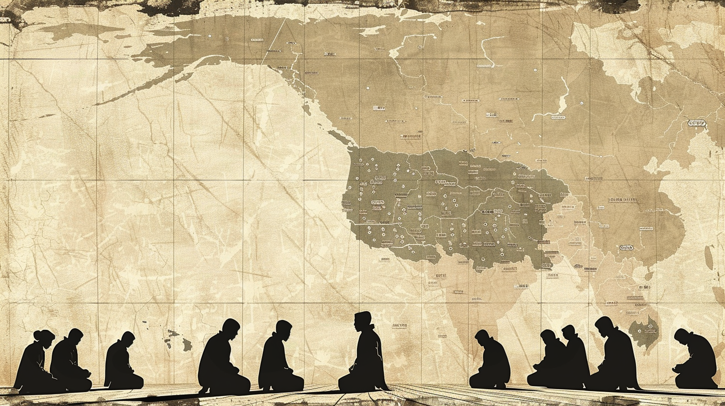 Minimalist black silhouettes of Christians praying around map.