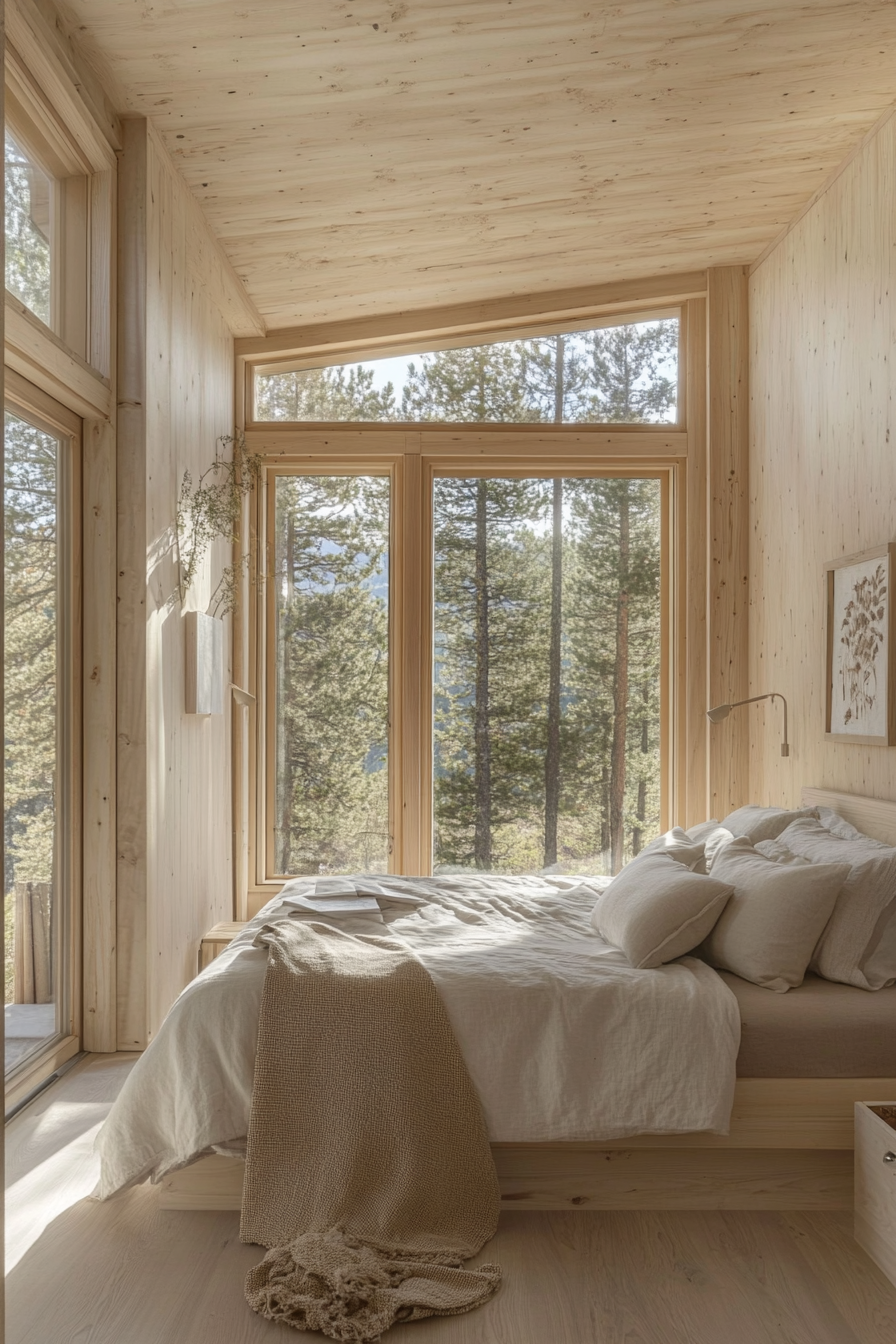 Minimalist cabin bedroom with platform bed and natural light.