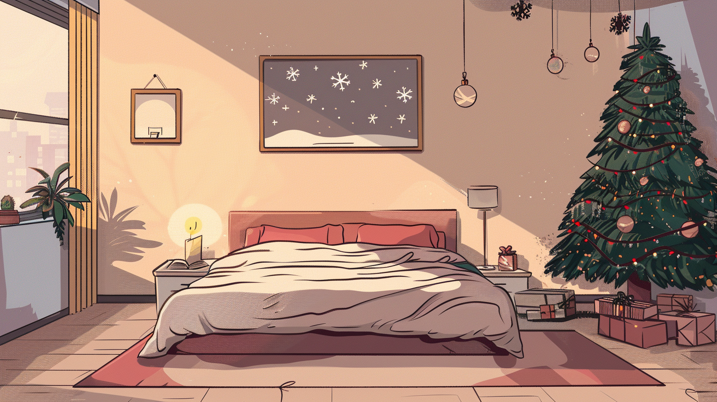 Minimalist cartoon bedroom with cozy Christmas decorations and lighting.