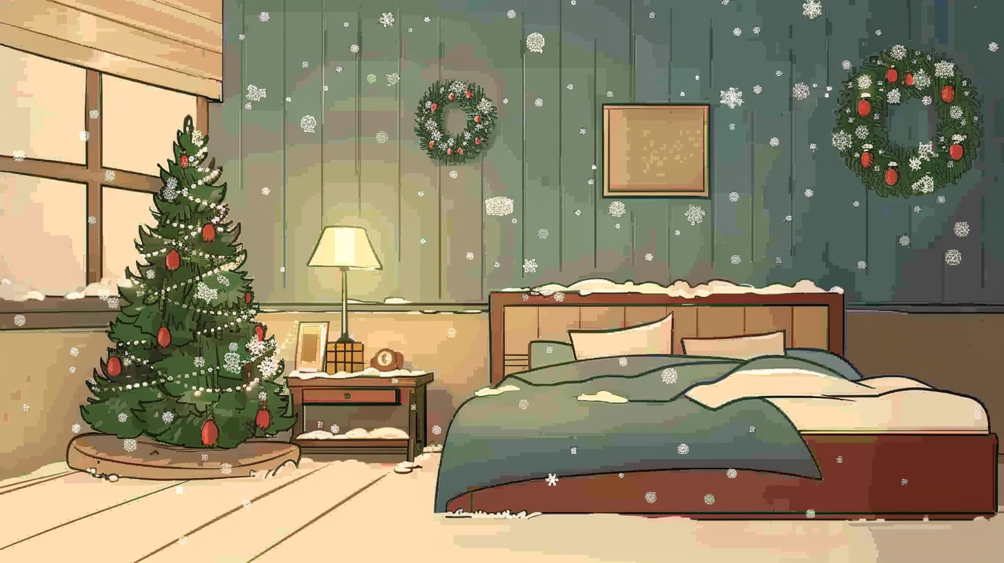 Minimalist cartoon bedroom with neutral bed, snowy Christmas decorations.