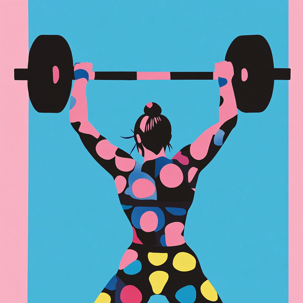 Minimalist collage of female weight lifter in pink, blue, black.