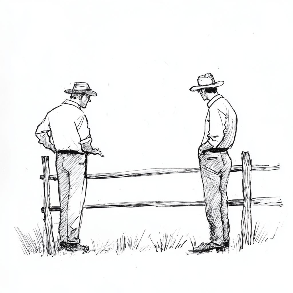 Minimalist comic-style child's drawing of two farmers talking